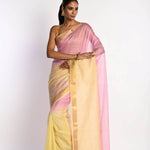 Pink and Yellow Ombre Saree in Silk Linen with Gold Border - Anvi Couture