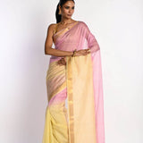 Pink and Yellow Ombre Saree in Silk Linen with Gold Border - Anvi Couture