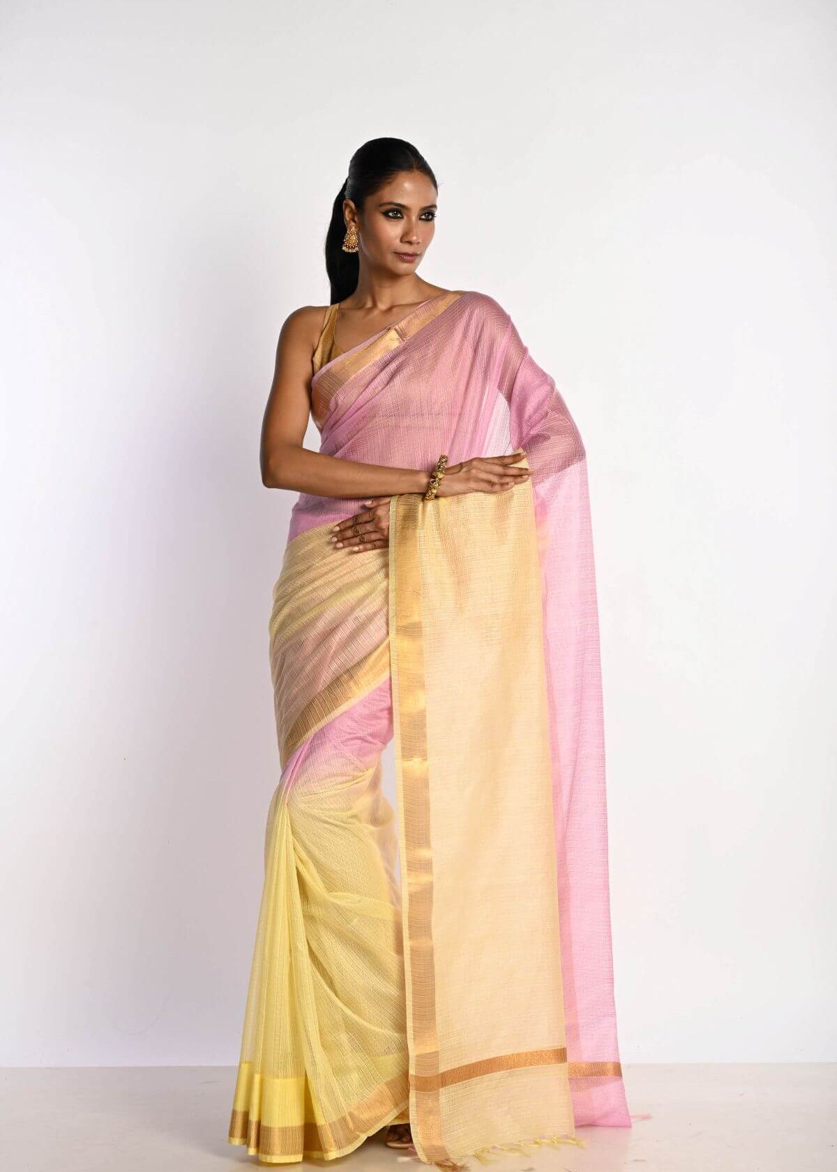 Pink and Yellow Ombre Saree in Silk Linen with Gold Border - Anvi Couture