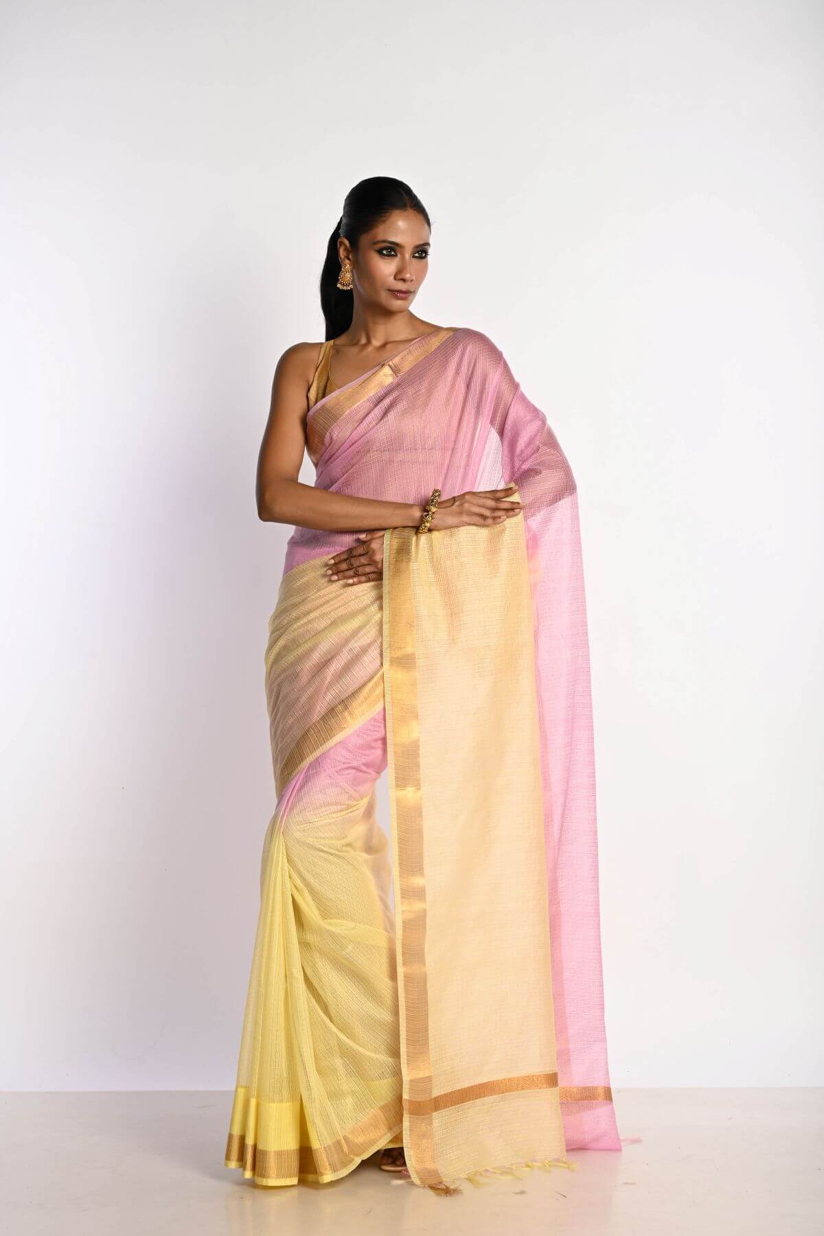 Pink and Yellow Ombre Saree in Silk Linen with Gold Border - Anvi Couture