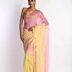 Pink and Yellow Ombre Saree in Silk Linen with Gold Border - Anvi Couture