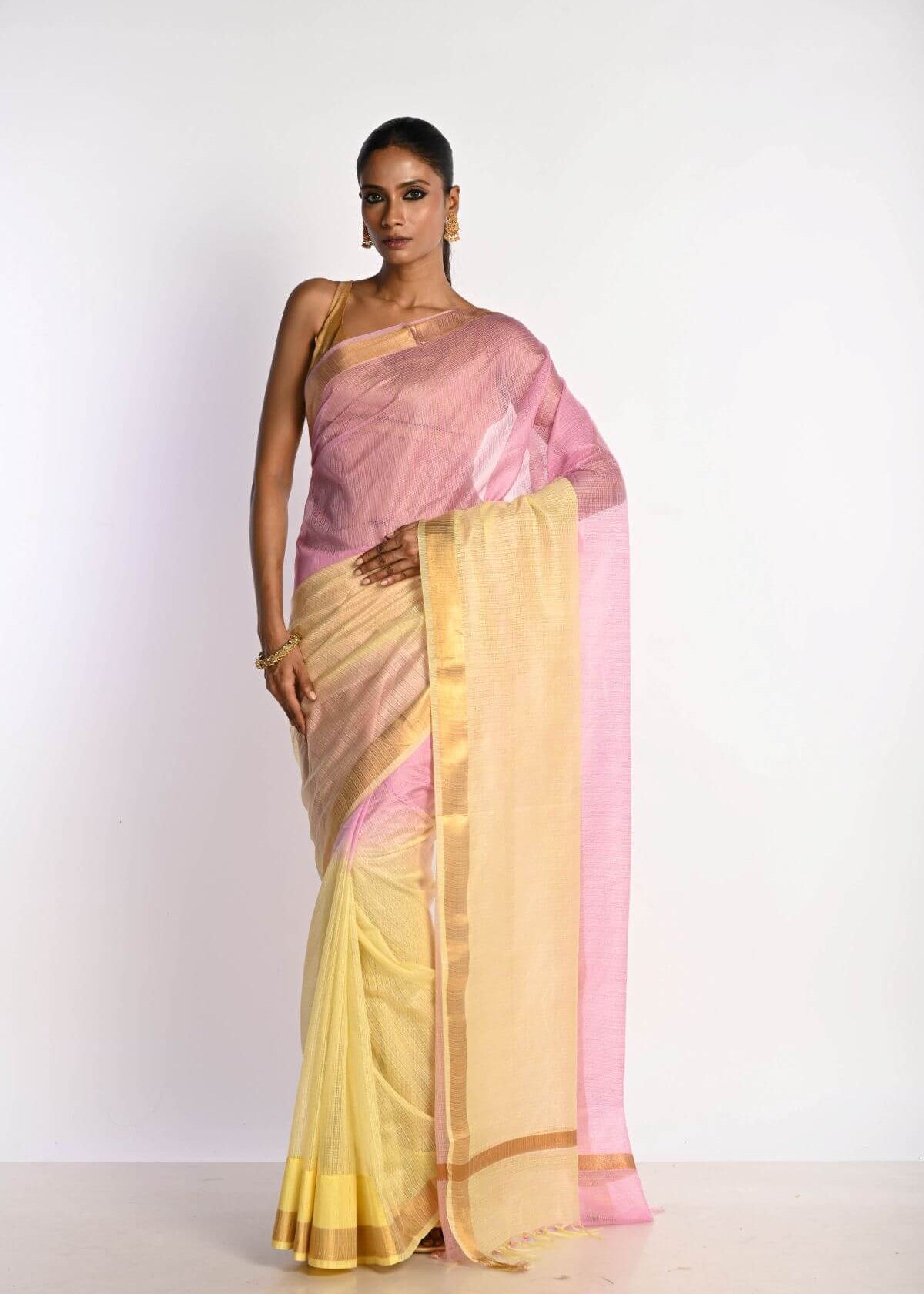 Pink and Yellow Ombre Saree in Silk Linen with Gold Border - Anvi Couture