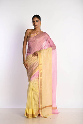 Pink and Yellow Ombre Saree in Silk Linen with Gold Border