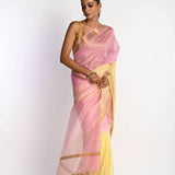 Pink and Yellow Ombre Saree in Silk Linen with Gold Border - Anvi Couture