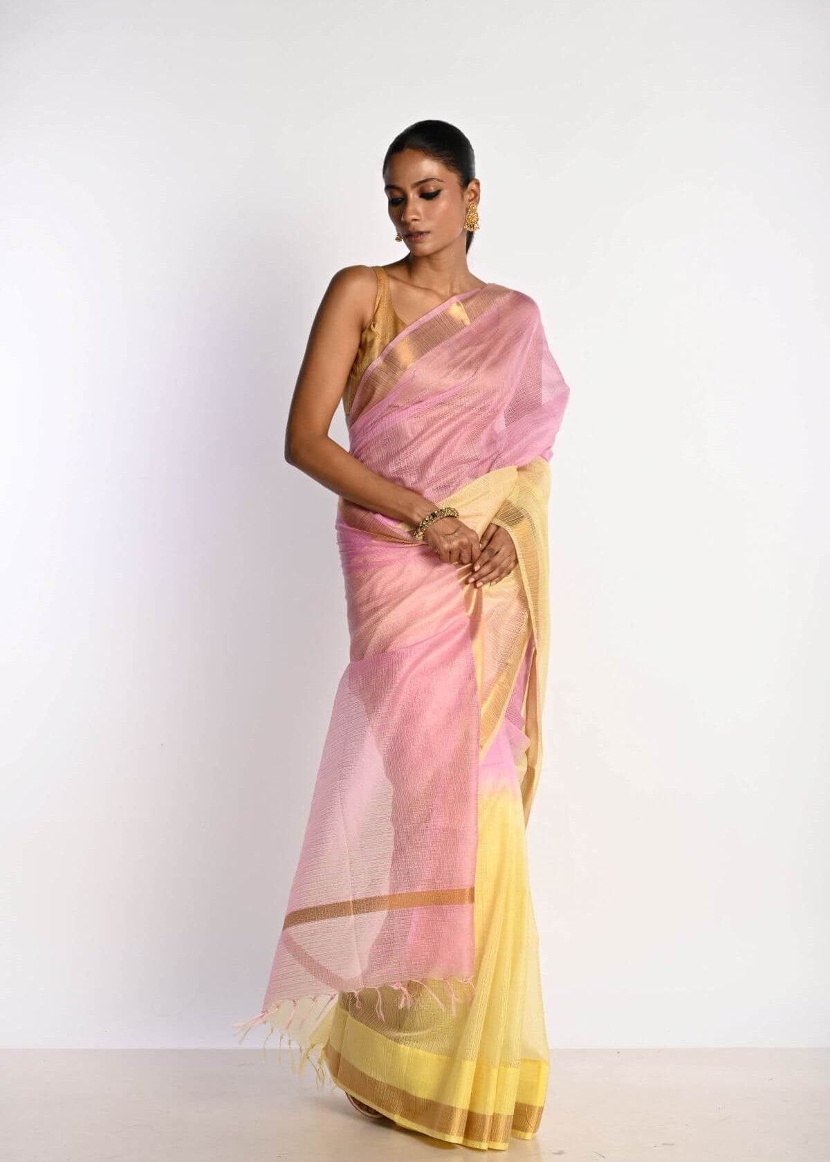 Pink and Yellow Ombre Saree in Silk Linen with Gold Border - Anvi Couture