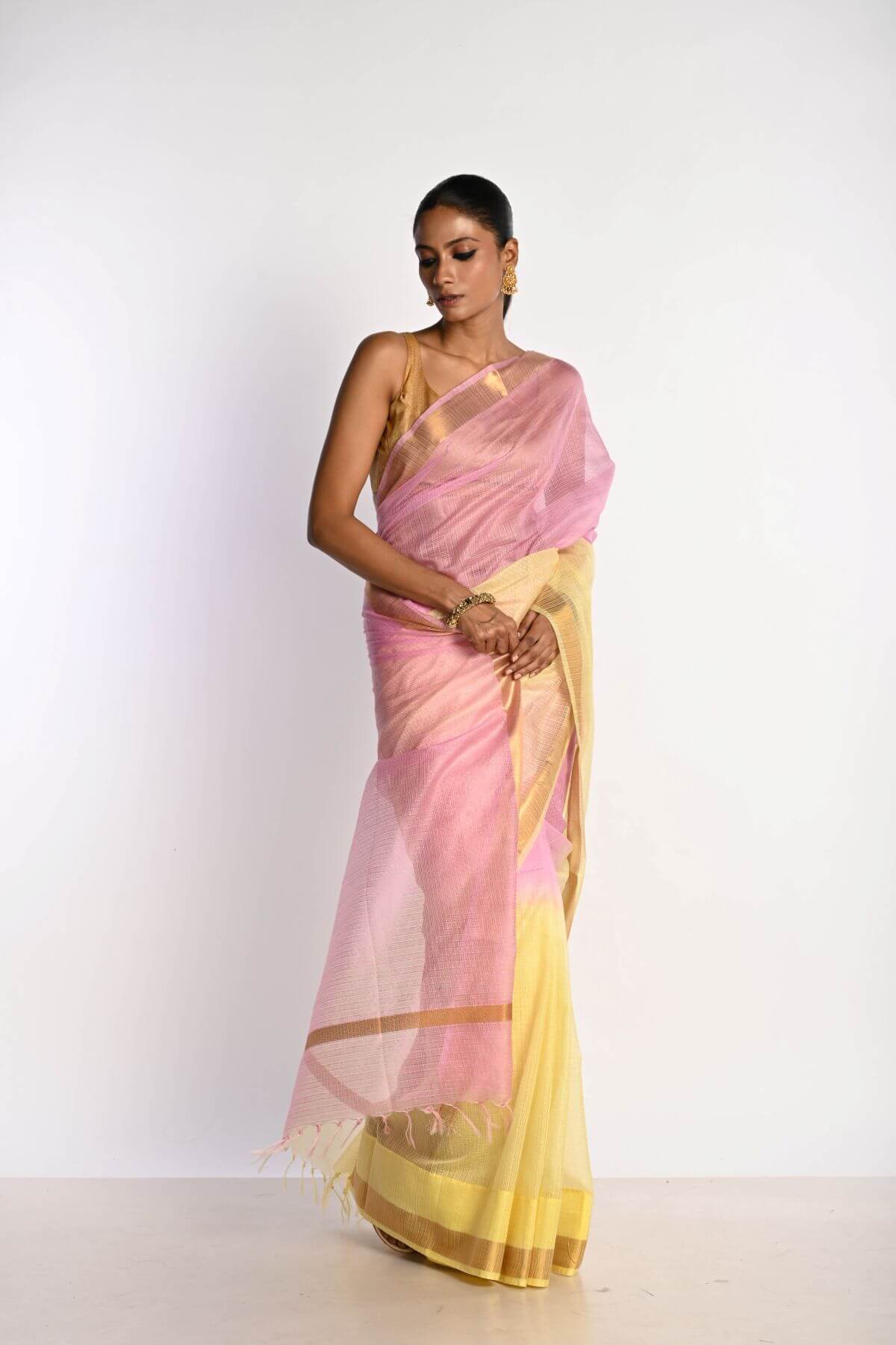 Pink and Yellow Ombre Saree in Silk Linen with Gold Border - Anvi Couture