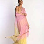 Pink and Yellow Ombre Saree in Silk Linen with Gold Border - Anvi Couture