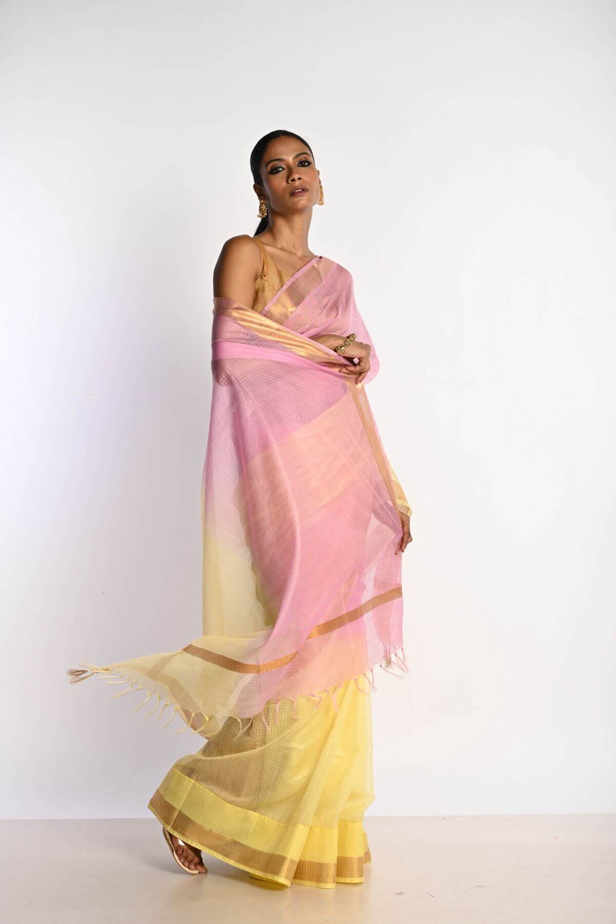 Pink and Yellow Ombre Saree in Silk Linen with Gold Border - Anvi Couture