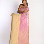 Pink and Yellow Ombre Saree in Silk Linen with Gold Border - Anvi Couture