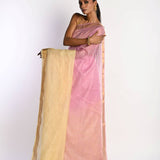 Pink and Yellow Ombre Saree in Silk Linen with Gold Border - Anvi Couture