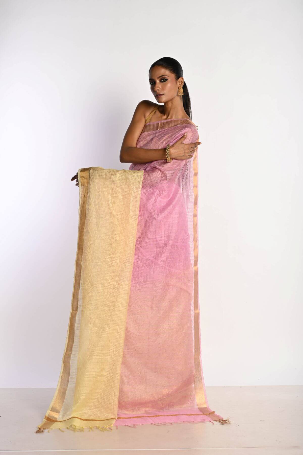 Pink and Yellow Ombre Saree in Silk Linen with Gold Border - Anvi Couture