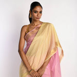 Pink and Yellow Ombre Saree in Silk Linen with Gold Border - Anvi Couture