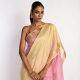 Pink and Yellow Ombre Saree in Silk Linen with Gold Border - Anvi Couture