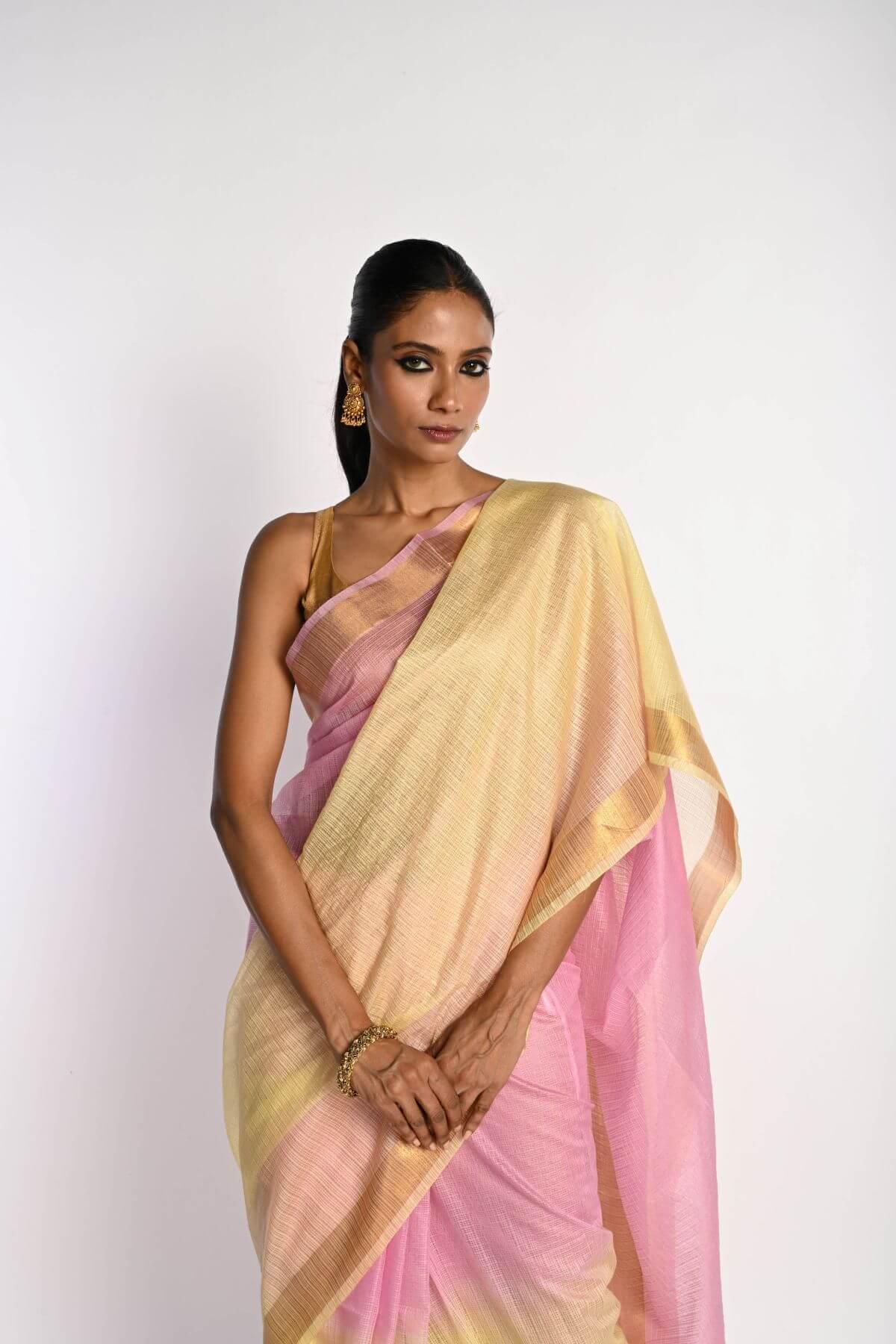 Pink and Yellow Ombre Saree in Silk Linen with Gold Border - Anvi Couture