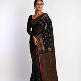 Black Jamdani With Golden Zari Thread Weaving Saree - Anvi Couture