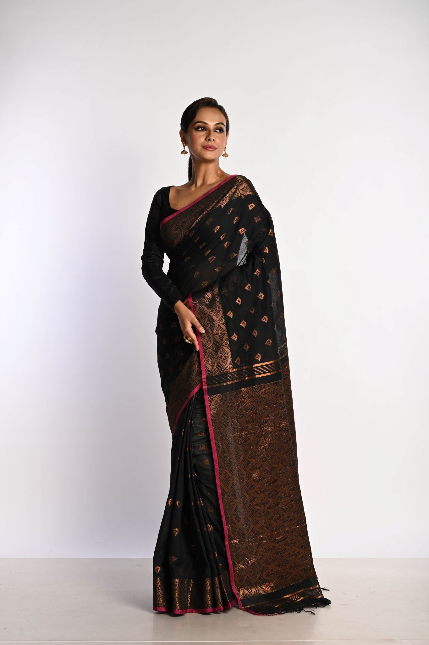 Black Jamdani With Golden Zari Thread Weaving Saree - Anvi Couture