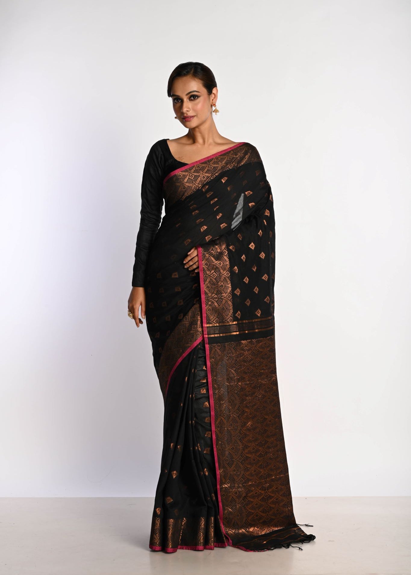 Black Jamdani With Golden Zari Thread Weaving Saree - Anvi Couture