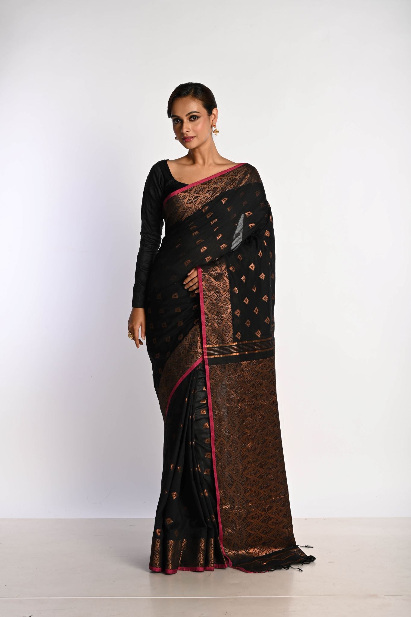 Black Jamdani With Golden Zari Thread Weaving Saree - Anvi Couture