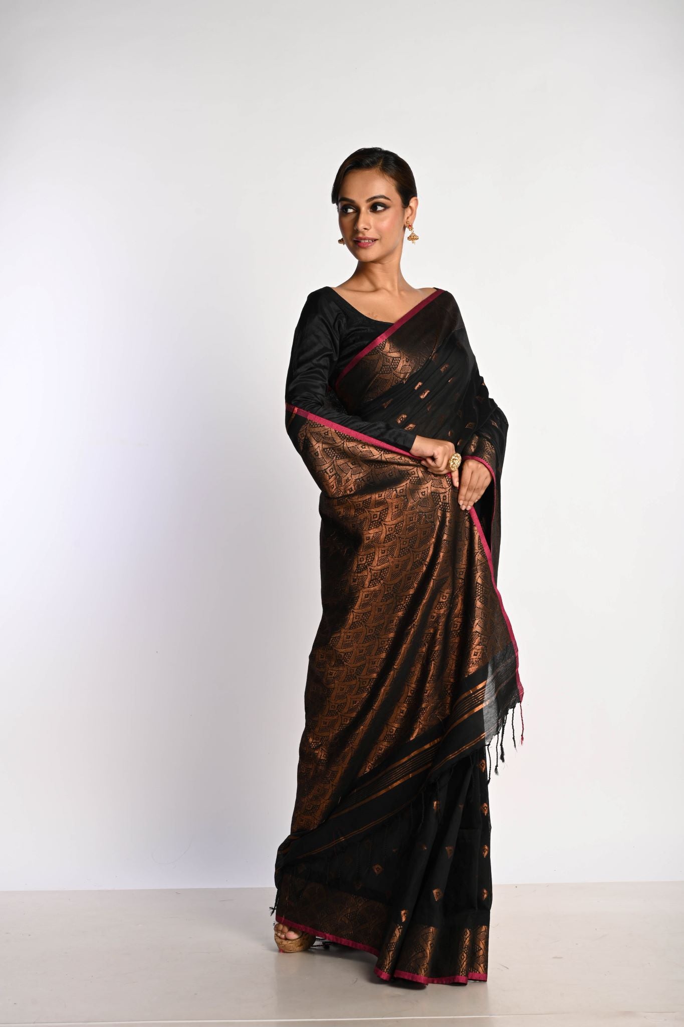 Black Jamdani With Golden Zari Thread Weaving Saree - Anvi Couture