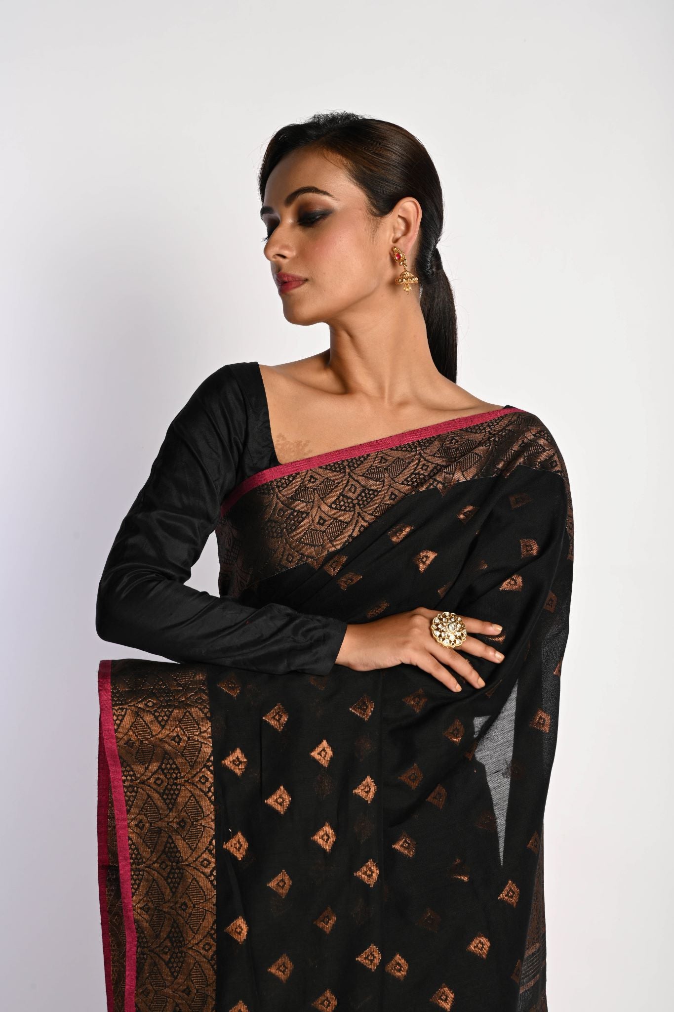 Black Jamdani With Golden Zari Thread Weaving Saree - Anvi Couture