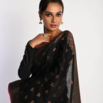 Black Jamdani With Golden Zari Thread Weaving Saree - Anvi Couture