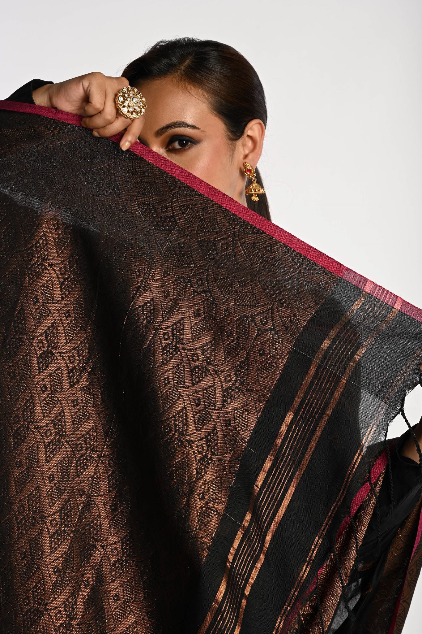 Black Jamdani With Golden Zari Thread Weaving Saree - Anvi Couture