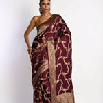 Maroon Satin Silk Mashru Banarasi Saree with Matt Gold Jaal Zari Work - Anvi Couture