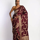 Maroon Satin Silk Mashru Banarasi Saree with Matt Gold Jaal Zari Work - Anvi Couture