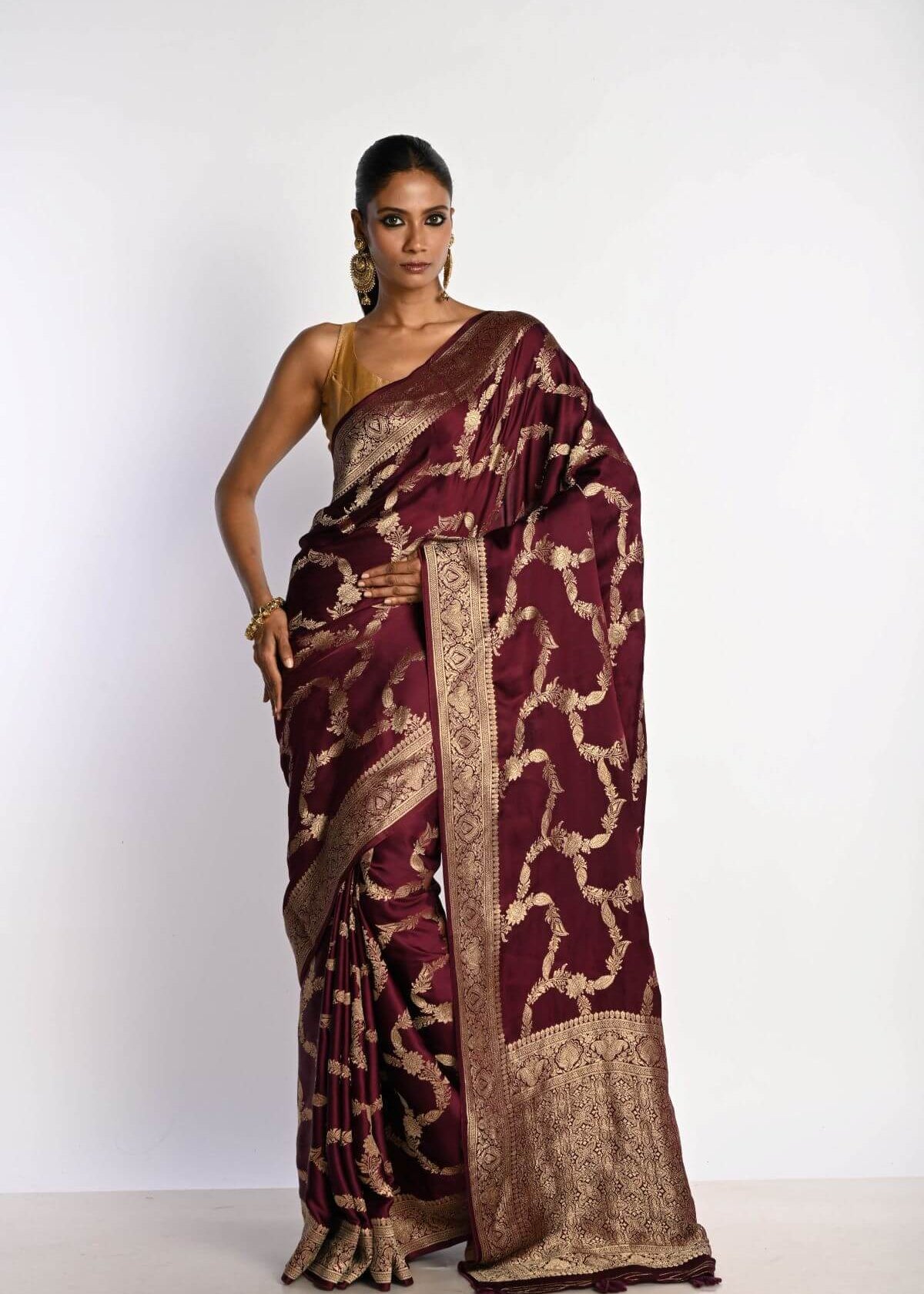 Maroon Satin Silk Mashru Banarasi Saree with Matt Gold Jaal Zari Work - Anvi Couture