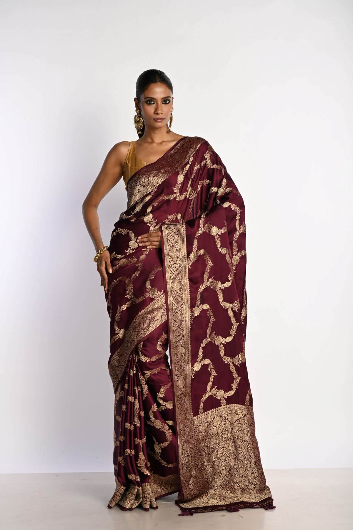 Maroon Satin Silk Mashru Banarasi Saree with Matt Gold Jaal Zari Work - Anvi Couture