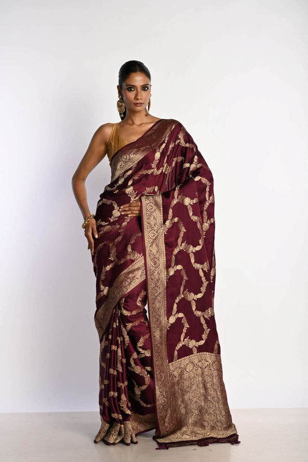Maroon Mashru Satin Silk Banarasi Saree – full front drape view