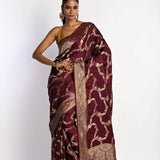 Maroon Satin Silk Mashru Banarasi Saree with Matt Gold Jaal Zari Work - Anvi Couture