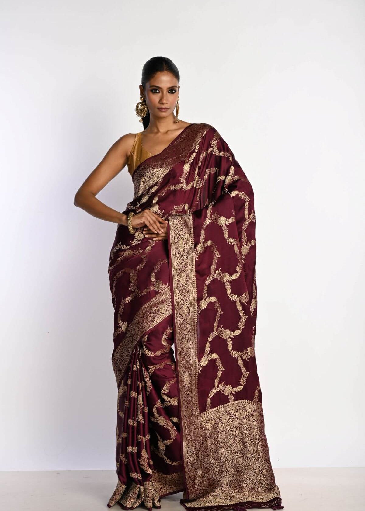 Maroon Satin Silk Mashru Banarasi Saree with Matt Gold Jaal Zari Work - Anvi Couture