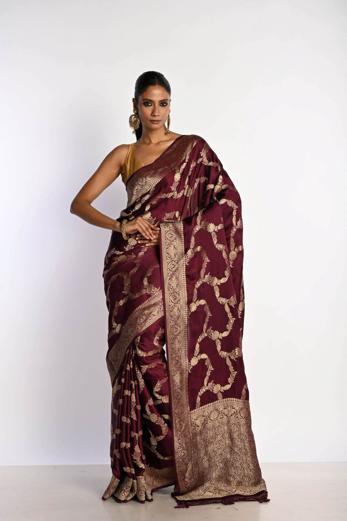 Maroon Satin Silk Mashru Banarasi Saree with Matt Gold Jaal Zari Work - Anvi Couture