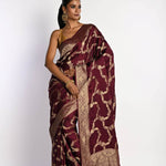 Maroon Satin Silk Mashru Banarasi Saree with Matt Gold Jaal Zari Work - Anvi Couture