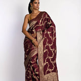 Maroon Satin Silk Mashru Banarasi Saree with Matt Gold Jaal Zari Work - Anvi Couture