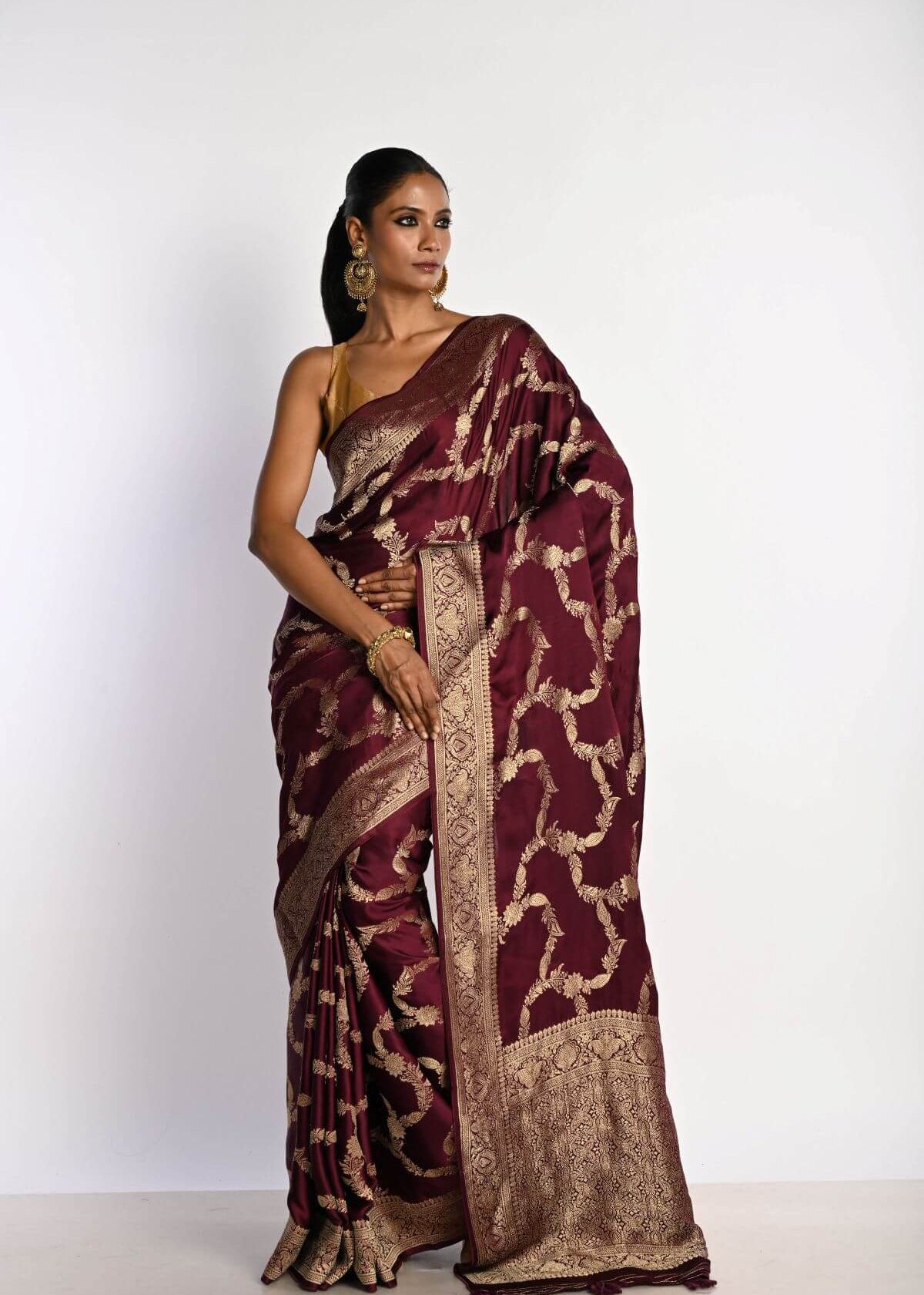 Maroon Satin Silk Mashru Banarasi Saree with Matt Gold Jaal Zari Work - Anvi Couture