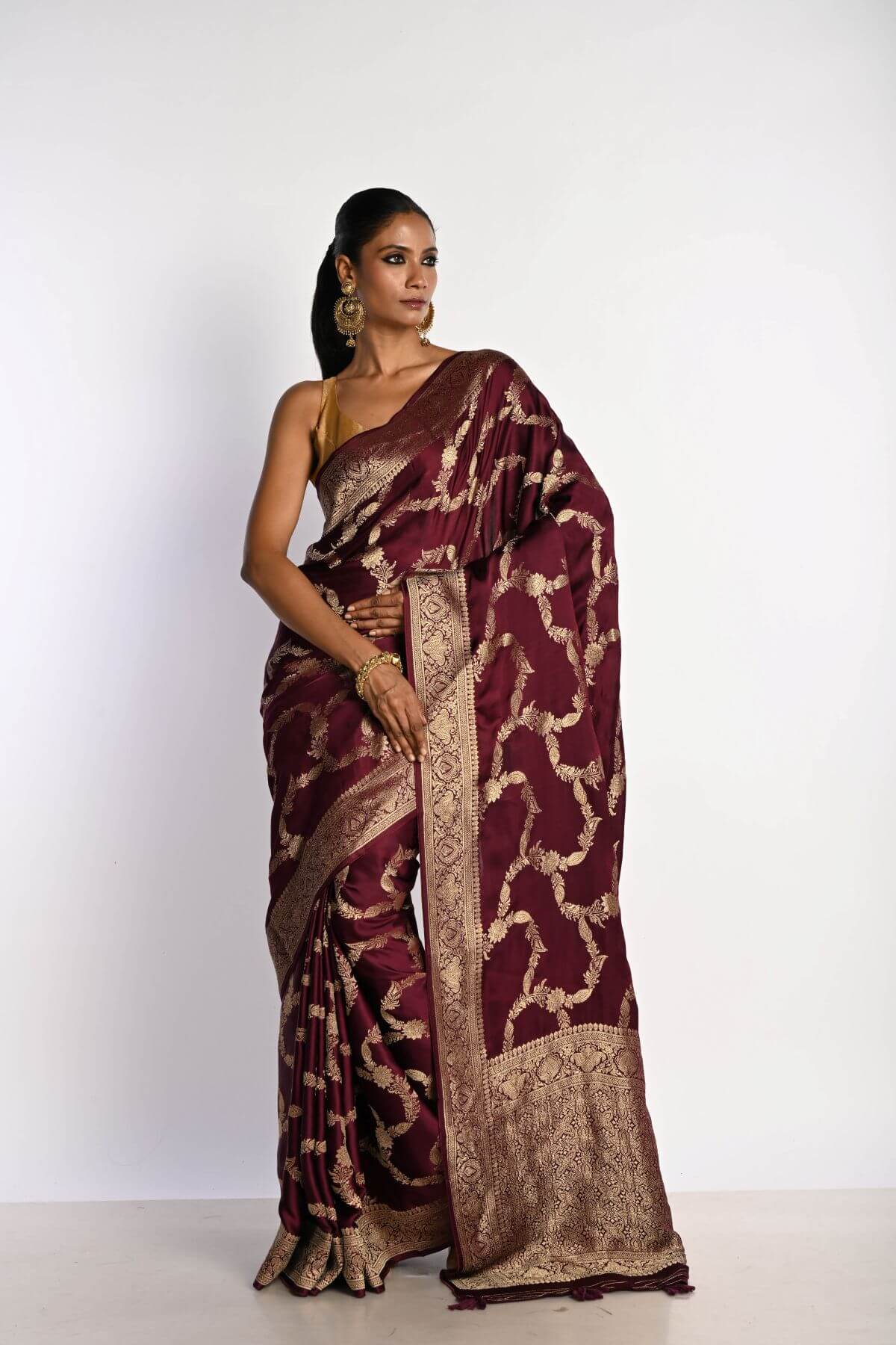 Maroon Satin Silk Mashru Banarasi Saree with Matt Gold Jaal Zari Work - Anvi Couture