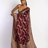 Maroon Satin Silk Mashru Banarasi Saree with Matt Gold Jaal Zari Work - Anvi Couture