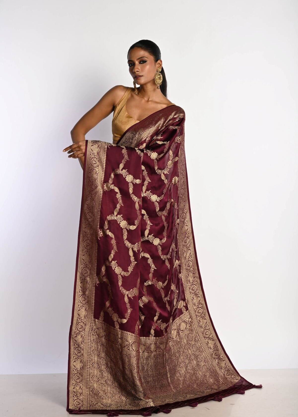 Maroon Satin Silk Mashru Banarasi Saree with Matt Gold Jaal Zari Work - Anvi Couture