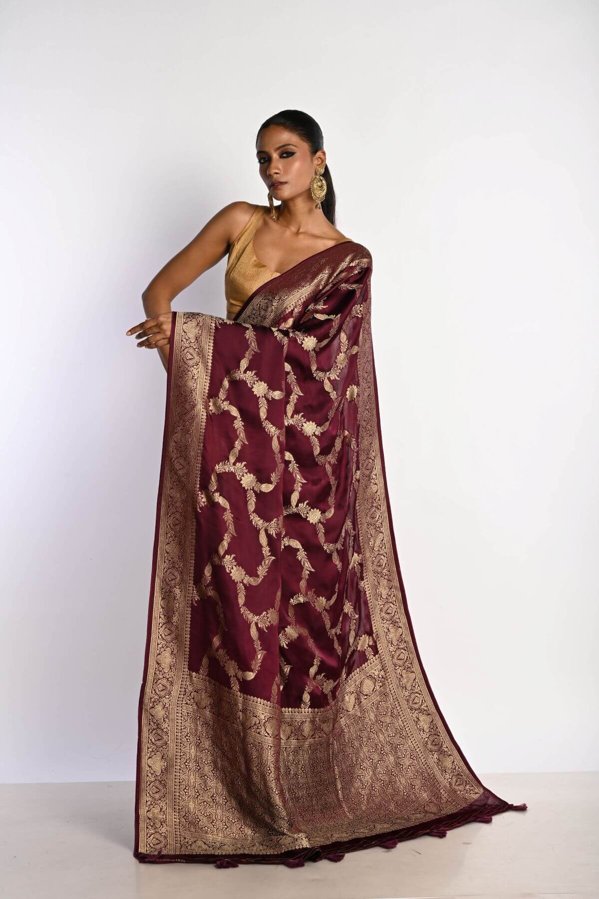 Maroon Satin Silk Mashru Banarasi Saree with Matt Gold Jaal Zari Work - Anvi Couture