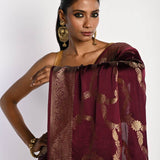 Maroon Satin Silk Mashru Banarasi Saree with Matt Gold Jaal Zari Work - Anvi Couture