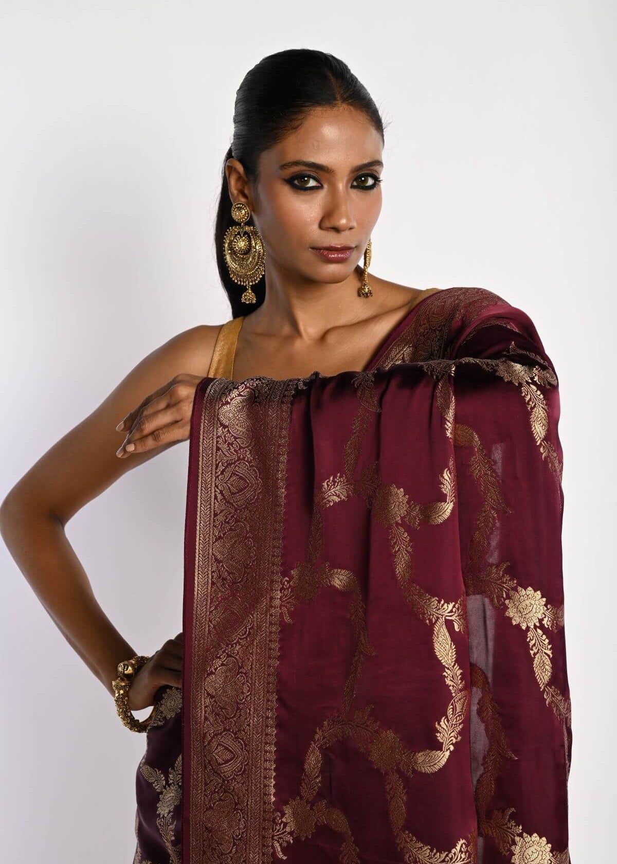 Maroon Satin Silk Mashru Banarasi Saree with Matt Gold Jaal Zari Work - Anvi Couture