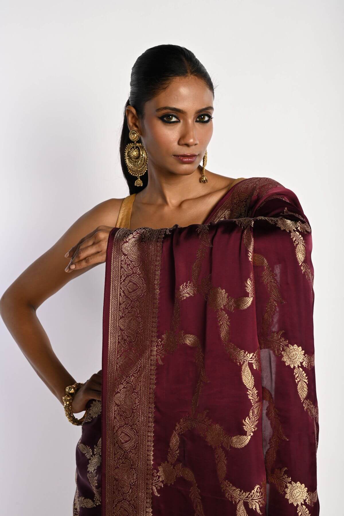 Maroon Satin Silk Mashru Banarasi Saree with Matt Gold Jaal Zari Work - Anvi Couture