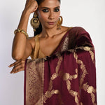 Maroon Satin Silk Mashru Banarasi Saree with Matt Gold Jaal Zari Work - Anvi Couture