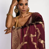 Maroon Satin Silk Mashru Banarasi Saree with Matt Gold Jaal Zari Work - Anvi Couture