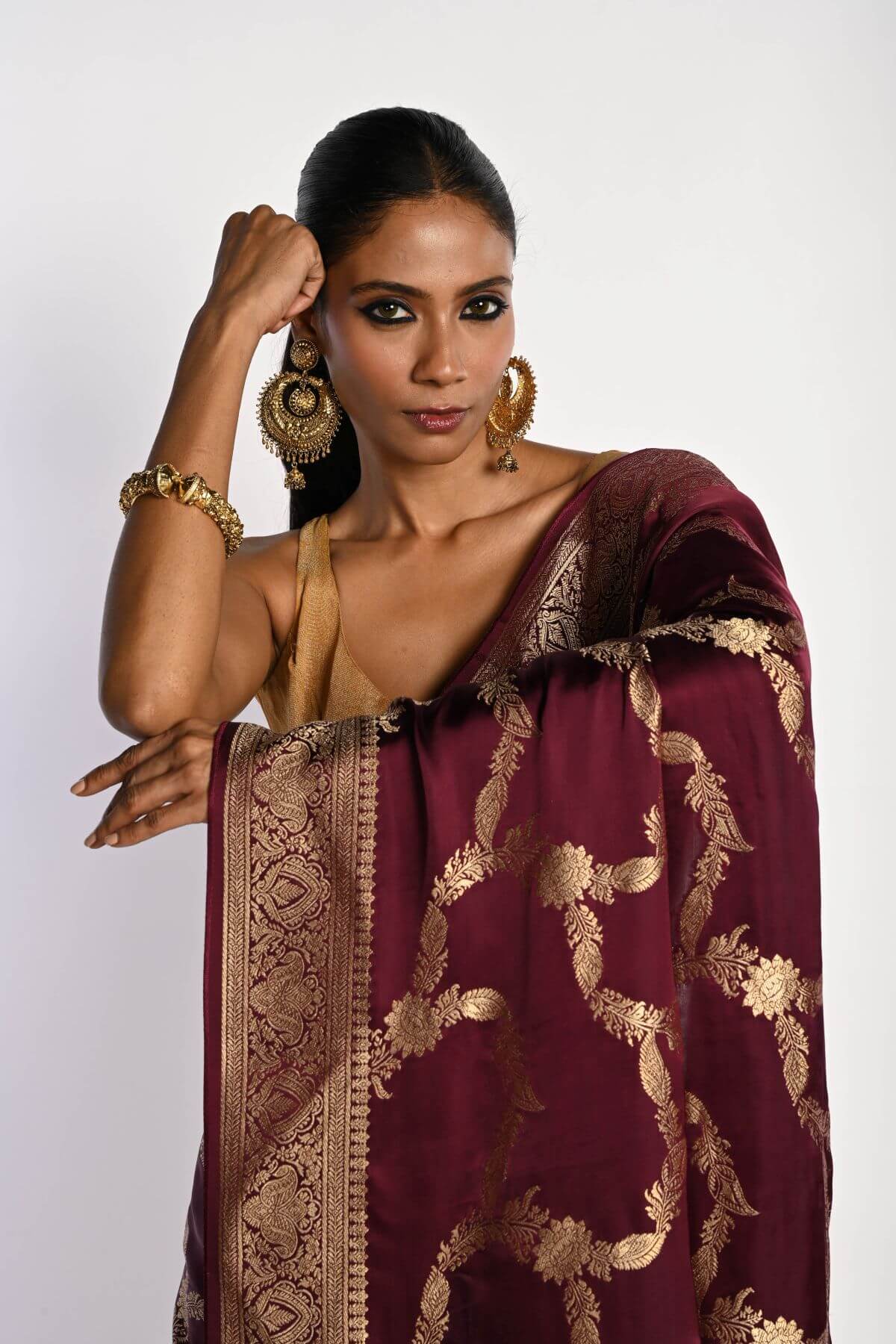 Maroon Satin Silk Mashru Banarasi Saree with Matt Gold Jaal Zari Work - Anvi Couture