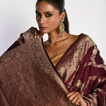 Maroon Satin Silk Mashru Banarasi Saree with Matt Gold Jaal Zari Work - Anvi Couture