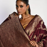 Maroon Satin Silk Mashru Banarasi Saree with Matt Gold Jaal Zari Work - Anvi Couture