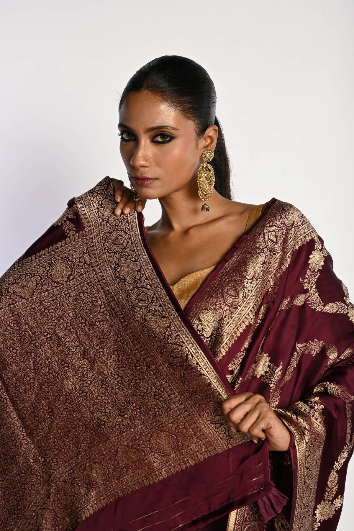 Maroon Satin Silk Mashru Banarasi Saree with Matt Gold Jaal Zari Work - Anvi Couture